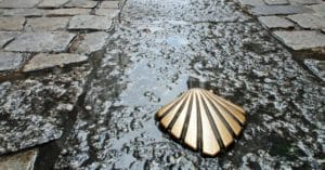 Scallop shell Camino marker leading to The Cathedral de Santiago de Compostela - TW